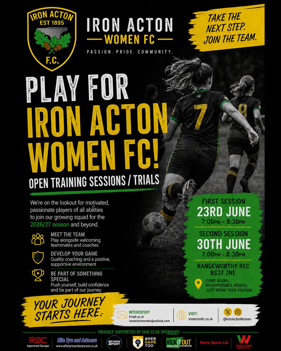 IronActonWomen's tweet photo. 🚨 Iron Acton Women FC OPEN SESSIONS 🚨

Looking for a new club for the 2026/27 season? 💛💚🖤

📅 23rd June &amp; 30th June
⏰ 7PM – 8:30PM
⚽ All abilities welcome
⚽ Positive environment
⚽ Great coaching &amp; team culture

Please register your interest - https://t.co/GSoVG0lSX1 https://t.co/4am8CP4LwJ