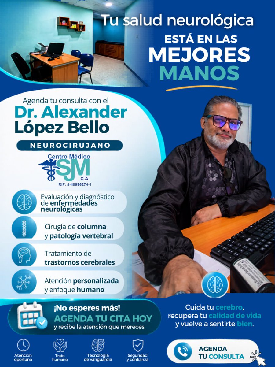 Centro_SJM's tweet photo. Si presentas dolores de cabeza intensos, problemas en la columna o síntomas neurológicos, es importante actuar a tiempo ⚠️.

El Dr. Alexander López Bello, especialista en neurocirugía, está disponible para brindarte una evaluación completa #ChequeoMédico #Prevención https://t.co/8nrlTPiGJk