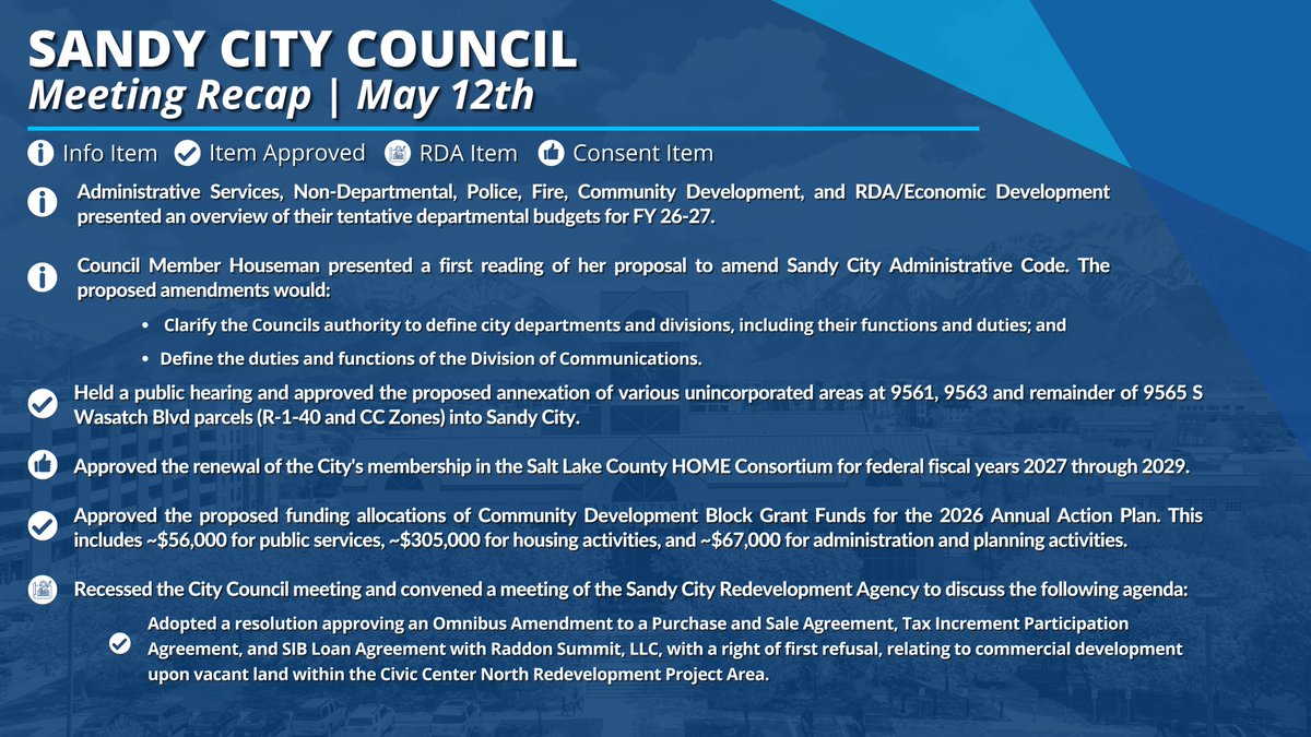 SandyCouncil's tweet photo. Missed last night’s City Council meeting? Here’s a recap ⬇️
You can also watch a recording of last night's meeting here: https://t.co/y6r1opzprj https://t.co/kCIznr1WkG