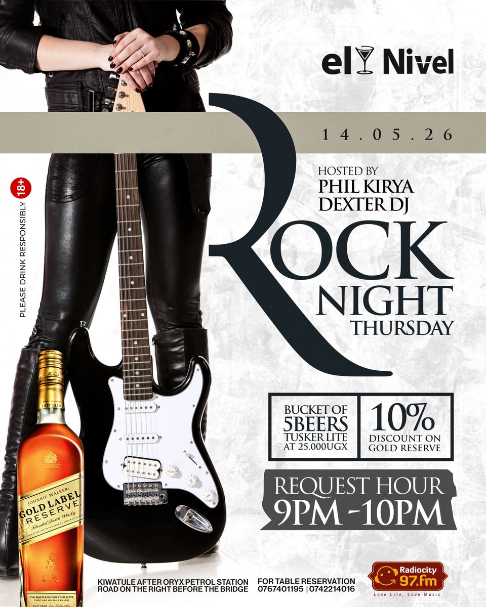 El_nivel_bar's tweet photo. Your favorite playlist is great, but itโs better played loud at el Nivel.
โJoin @PhilKirya Kirya & @dexterdj__Ug this Thursday for Rock Night.
โRequest Hour from 9 PM โ 10 PM: Be the DJ you think you are.
5 Tusker Lites for 25k.
10% off Gold Label Reserve...
#elnivel #rock https://t.co/9ZXY79Pc2M