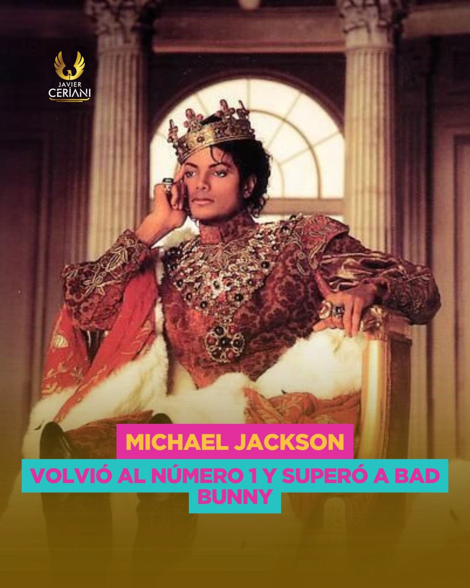 JavierCeriani's tweet photo. Michael Jackson volvió a hacer historia en Spotify al convertirse en el artista más escuchado del mundo durante un día, superando incluso a Bad Bunny. El Rey del Pop logró además colocar 16 canciones simultáneamente en el ranking global de la plataforma, demostrando que su legado sigue más vigente que nunca entre nuevas generaciones y fanáticos históricos.

#MichaelJackson #Spotify #BadBunny #ReyDelPop #JavierCeriani