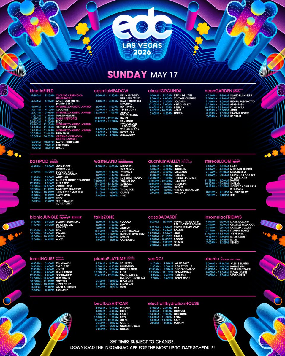 EDC_LasVegas's tweet photo. before you go... ⚡️ Swipe for everything you need to know before arriving at #EDCLV2026 this weekend, including maps, set times, transportation, entry details, and key festival info. 🫶

Plan ahead, arrive early, take care of each other, and get ready for three unforgettable nights Under the Electric Sky. 🫶✨ We’re officially heading HOME. 🌈⚡️