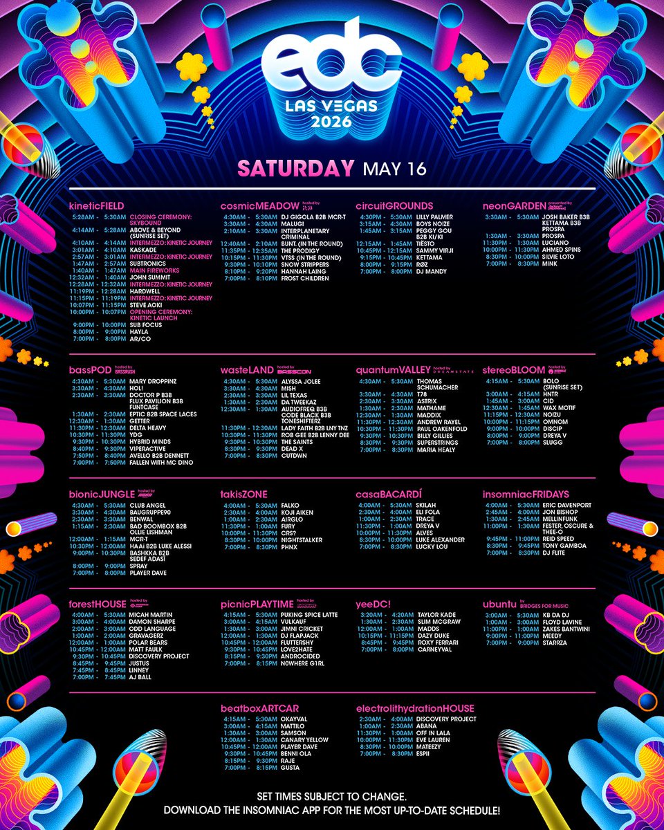 EDC_LasVegas's tweet photo. before you go... ⚡️ Swipe for everything you need to know before arriving at #EDCLV2026 this weekend, including maps, set times, transportation, entry details, and key festival info. 🫶

Plan ahead, arrive early, take care of each other, and get ready for three unforgettable nights Under the Electric Sky. 🫶✨ We’re officially heading HOME. 🌈⚡️
