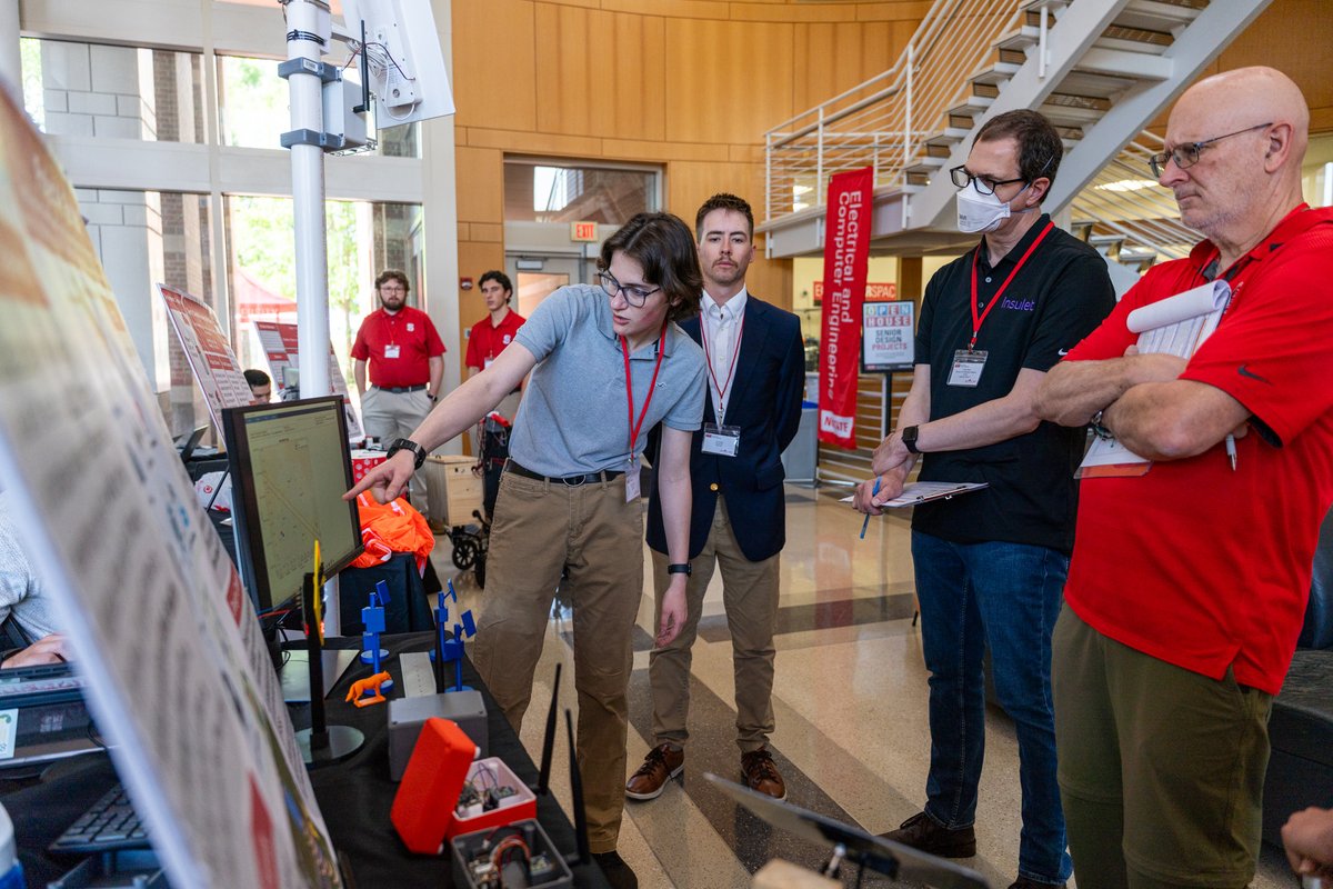 ncstateece's tweet photo. At ECE Senior Design Day 2026, graduating seniors showcased solutions ranging from robotic harvesters to flying robots and environmental sensors.

This is what it looks like when Wolfpack engineers Think and Do.

Photos: https://t.co/4CpyqVw5Bf https://t.co/j6wc69LxEU