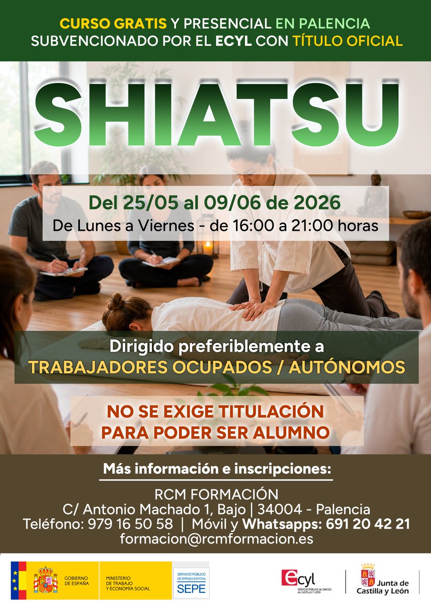 Andraviformacio's tweet photo. ¡Curso presencial y #gratuito en #PALENCIA!: 𝐒𝐇𝐈𝐀𝐓𝐒𝐔

𝐌𝐀𝐒 𝐈𝐍𝐅𝐎𝐑𝐌𝐀𝐂𝐈𝐎𝐍 𝐄 𝐈𝐍𝐒𝐂𝐑𝐈𝐏𝐂𝐈𝐎𝐍𝐄𝐒:
C/ Antonio Machado, nº1, Bajo Derecha - Palencia
Teléfono: 979 16 50 58
Móvil y Whatsapps: 691 20 42 21
Email: formacion@rcmformacion.es https://t.co/qaUdfNFX8N