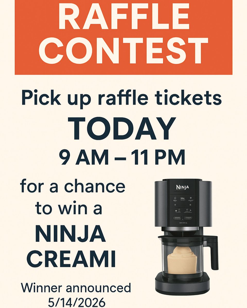 LiveReedRow's tweet photo. 🎉 Reed Row Raffle Alert! 🎉
 Stop by TODAY (9 AM–11 PM) to grab your ticket for a chance to win a Ninja Creami! 🍦 
Entries close at 11 PM (5/13). 
Don’t miss out—winner announced 5/14/2026! 
🙌 #ReedRowLiving https://t.co/qnj13J90dr