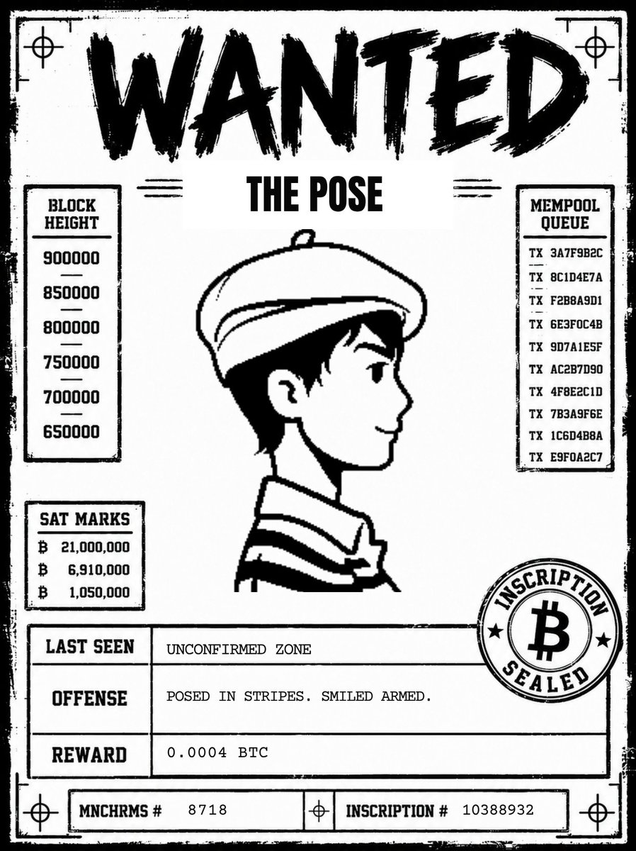 SK_btcs's tweet photo. MNCHRMS WANTED FILES

FILE #8718 — THE POSE

Last seen: Mempool Bar
Offense: Posed in stripes. Smiled armed.
Reward: [0.0004BTC ]

Rarest traits:
Striped Polo · 180/10,101 · 1.8% — RARE
Beret · 184/10,101 · 1.8% — RARE
Pixie Cut · 326/10,101 · 3.2% — UNCOMMON

Faction:
The Unconfirmed

Black. White. Bitcoin.

#MNCHRMS #Ordinals #BitcoinArt