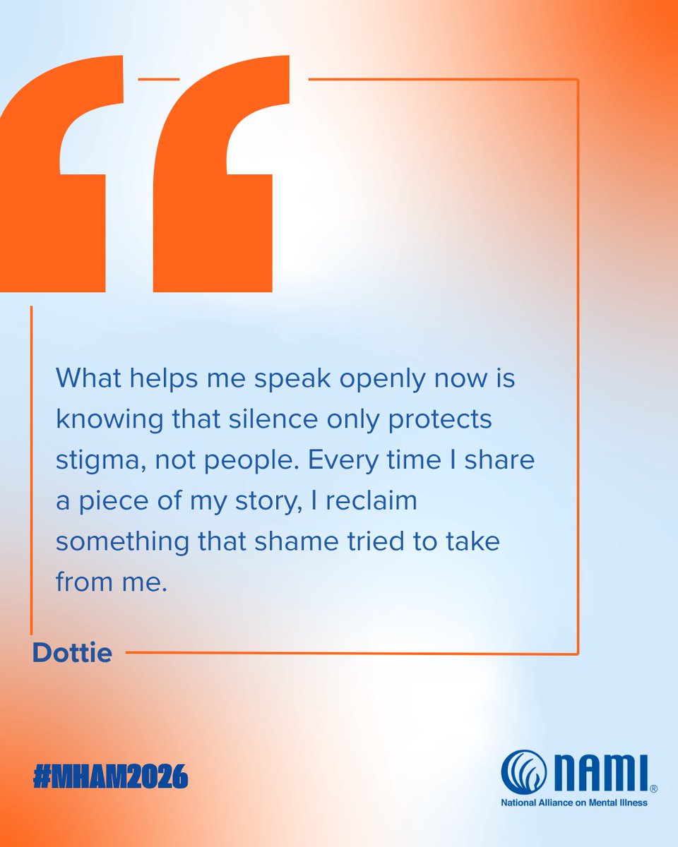 NAMICommunicate's tweet photo. Sharing your story can open the door for someone else to feel seen.
Be the reason someone realizes they’re not alone. https://t.co/cZmGPLpuOn

#MHAM2026 https://t.co/oLTtTsqmOx