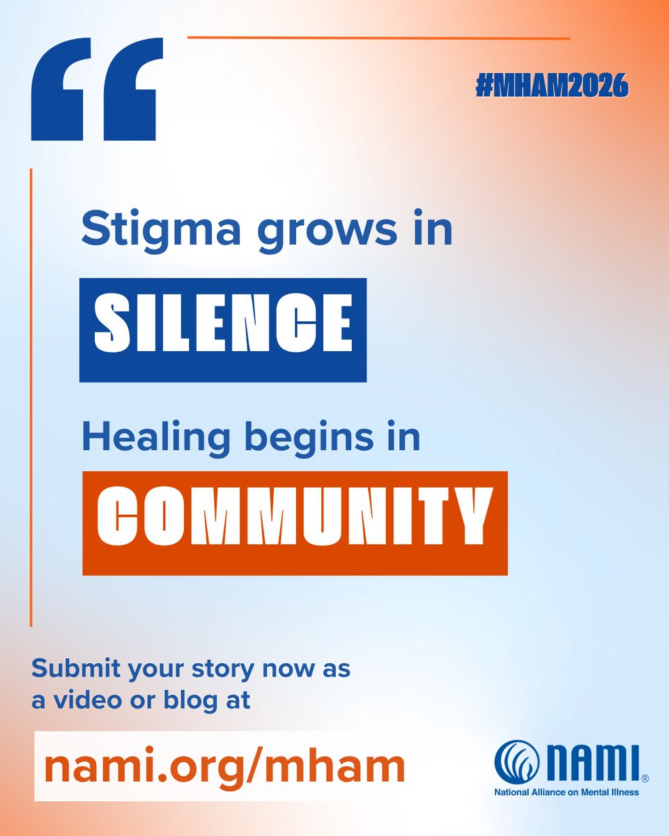 NAMICommunicate's tweet photo. Sharing your story can open the door for someone else to feel seen.
Be the reason someone realizes they’re not alone. https://t.co/cZmGPLpuOn

#MHAM2026 https://t.co/oLTtTsqmOx