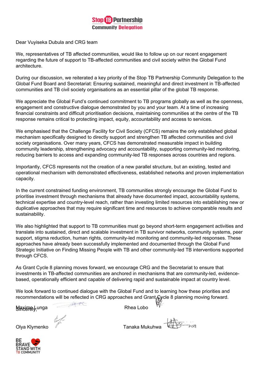 realTBpeople's tweet photo. 📢 TB-affected communities call for sustained, direct investment in community-led responses.
In our message to the @GlobalFund #CRG team, we stress: mechanisms like #CFCS work and must be strengthened—not replaced.
🤝 Read & support: https://t.co/Ik4tnieAl1