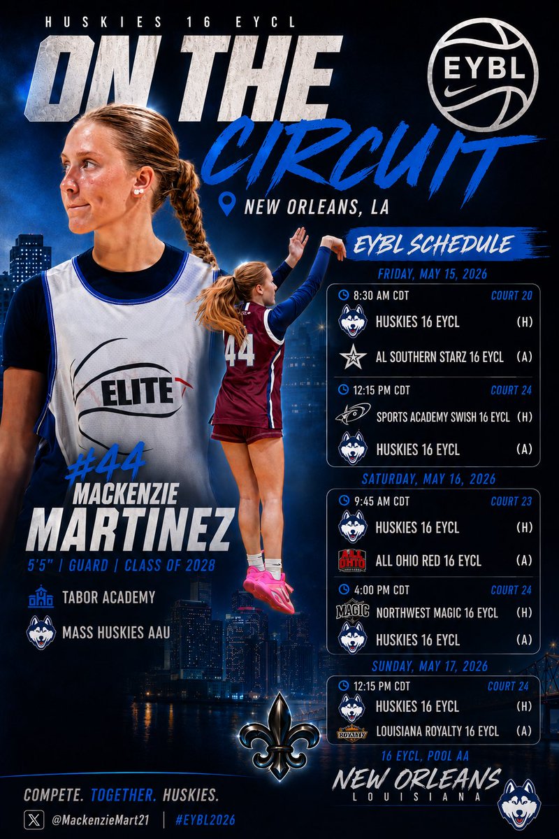 MackenzieMart21's tweet photo. Here is my schedule for this weekend in New Orleans at the Nike Circuit with @MAHuskies ! https://t.co/NTOmuvPJh8