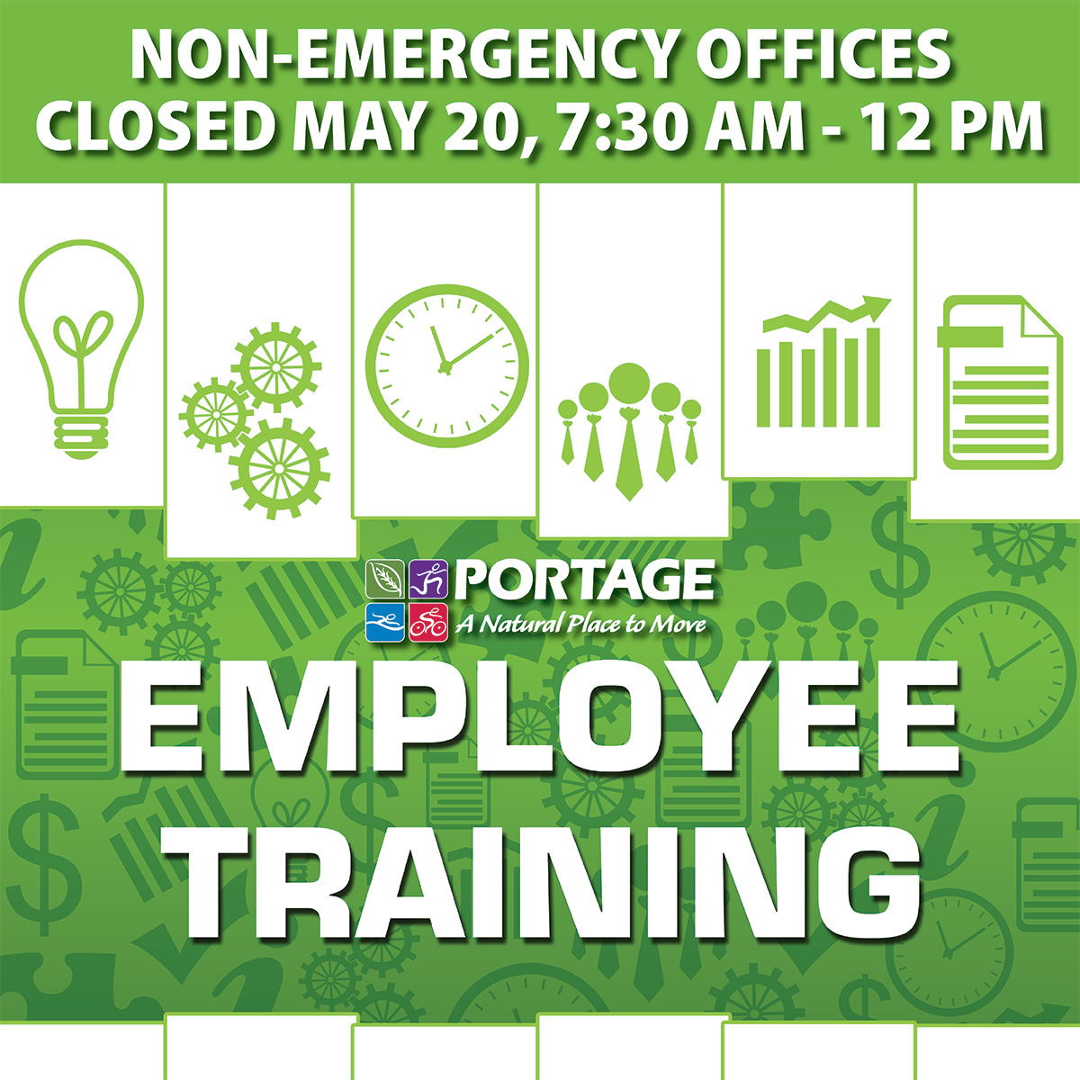 PDPSPortageMI's tweet photo. City of Portage non-emergency offices will be closed for staff training on Wed, May 20, from 7:30 AM to 12 PM. Offices will re-open promptly at 12 PM. The Portage Zhang Senior Center will be open its normal hours.

If you have a fire, police, or medical emergency, dial 9-1-1. https://t.co/BkOTywgQgs