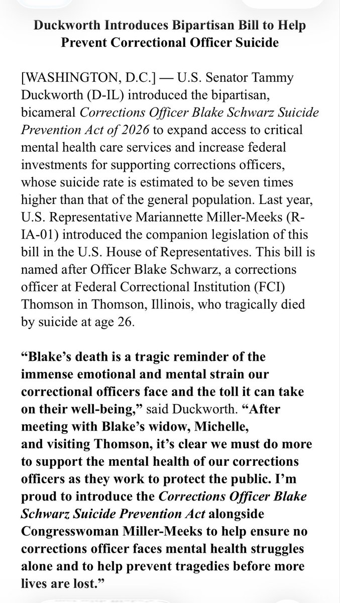 courtneybuble's tweet photo. .@SenDuckworth has introduced the  Corrections Officer Blake Schwarz Suicide Prevention Act 

This was previously introduced in the House. I wrote about it last year in covering the often overlooked epidemic of correctional officers dying by suicide (no paywall, link below) https://t.co/0mQohaBPuF