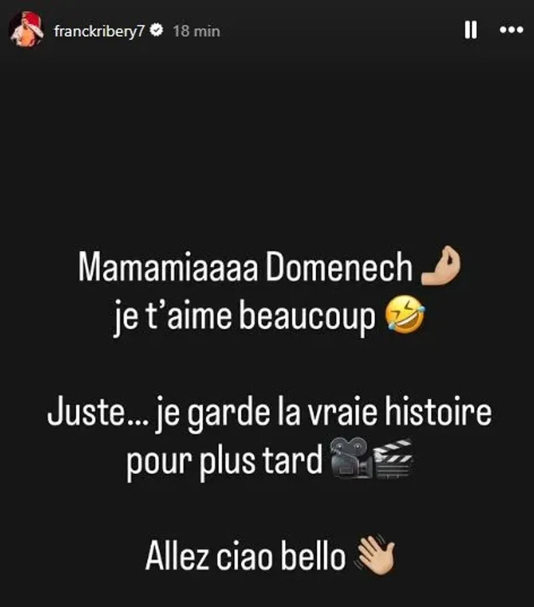 Footballogue's tweet photo. 🔴 La réaction de Franck Ribéry aux propos de Raymond Domenech dans le documentaire Netflix sur Knysna ! 🥶🥶

"Mamamiaaaa Domenech, je t’aime beaucoup 🤣

Juste... je garde la vraie histoire pour plus tard 🎥🎬

Allez ciao bello 👋🏼"

(IG : franckribery7) https://t.co/b1xp3adJZQ