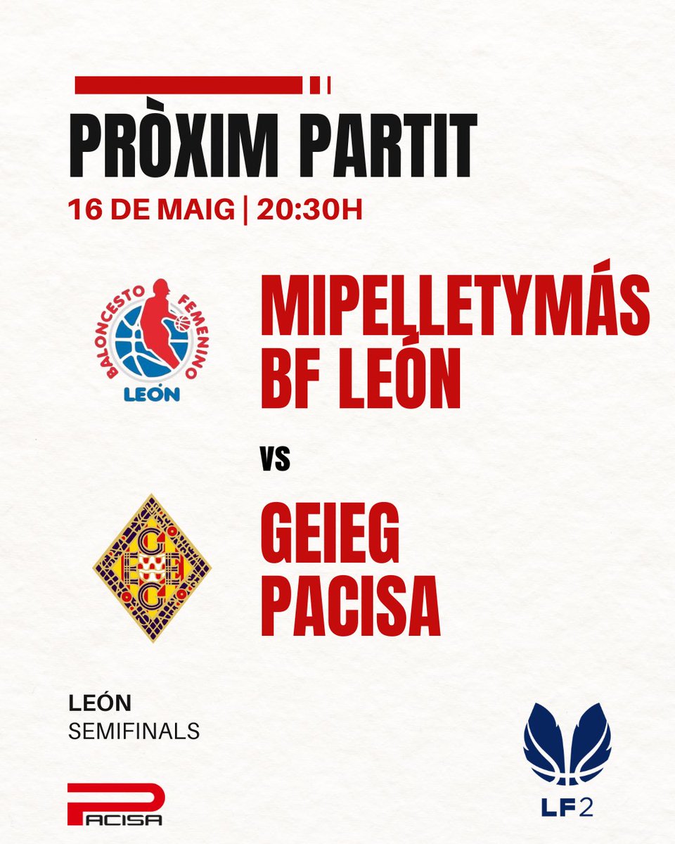 GEiEGBasquet's tweet photo. 🔴⚪️ El @geieg1919 PACISA juga les semifinals del playoff d’ascens a #LFChallenge ❗️

🆚 @bfemeninoleon 
📅 Dissabte 16 de maig
⌚️20:30h
📌 León
📺 CanalFEB https://t.co/sVHif8ytiO