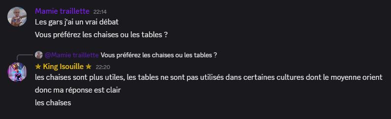 VelocidTV's tweet photo. 🚨🇺🇸 | Le #YouTubeur #isouille répond un abonné sur un débat "Chaises ou Tables" 

isouille : "les chaises sont plus utiles, les tables ne sont pas utilisés dans certaines cultures (...) donc ma réponse est clair; les chaîses" 😂

Êtes-vous d'accord ? https://t.co/wRvUzPHkIb