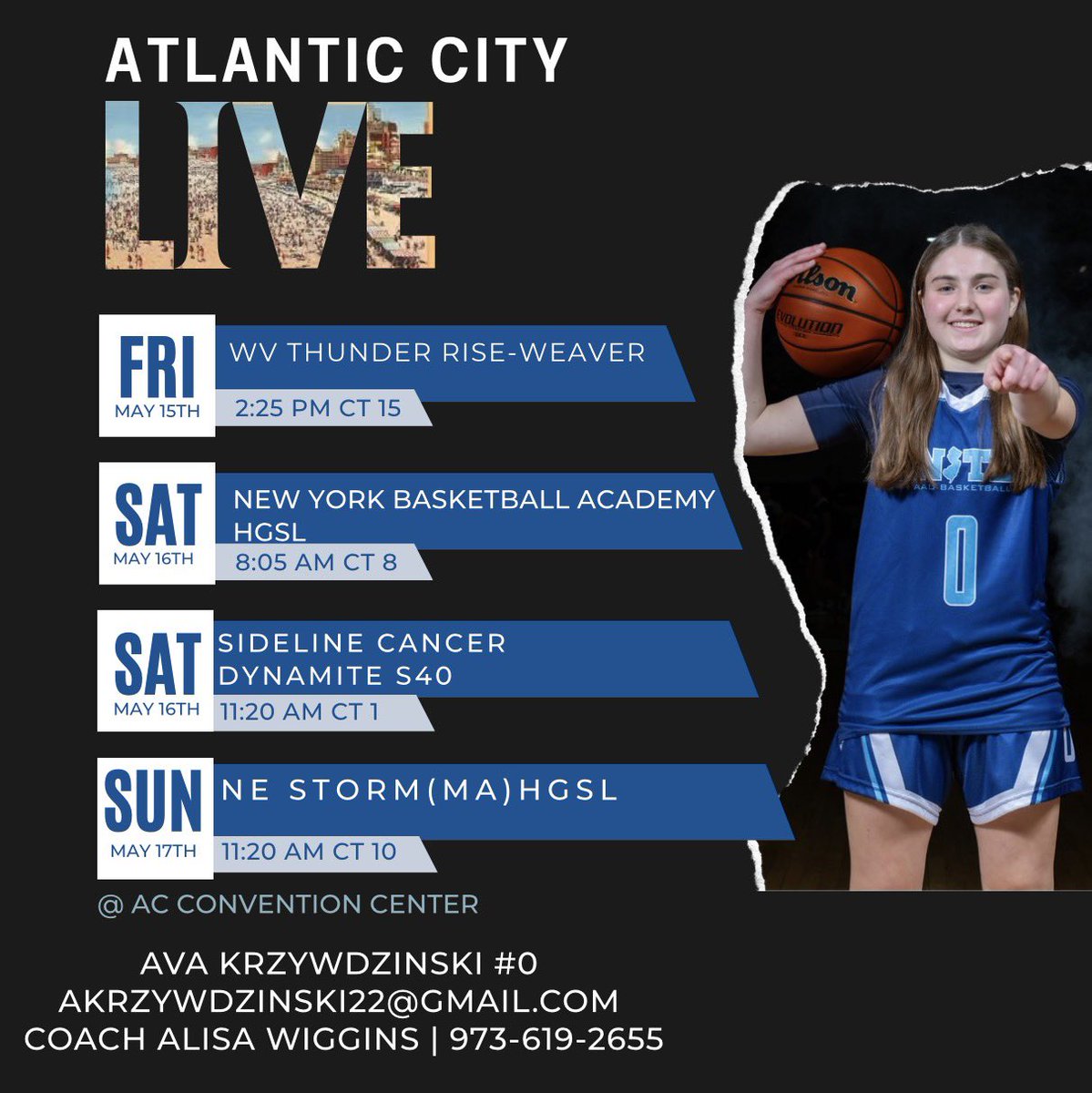 KrzywdzinskiAva's tweet photo. Here is my schedule for this weekend down in Atlantic City 🎡 so excited to compete with my @unitedNJaau 16U S40 team! @CoachWiggins05 @EBHSGirlsBBall https://t.co/vQXhIyr2kf