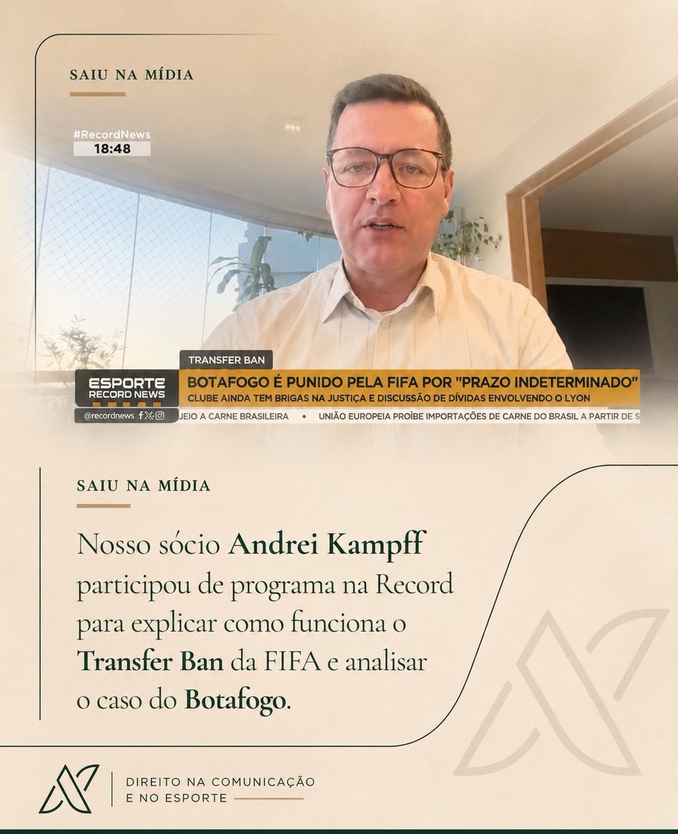 AKProtecao's tweet photo. Nosso sócio @AndreiKampff deu entrevista para a Record para explicar como funciona o #transferban na #Fifs e quais os riscos que o Botafogo corre pela reincidência. https://t.co/KAw6zer4qk