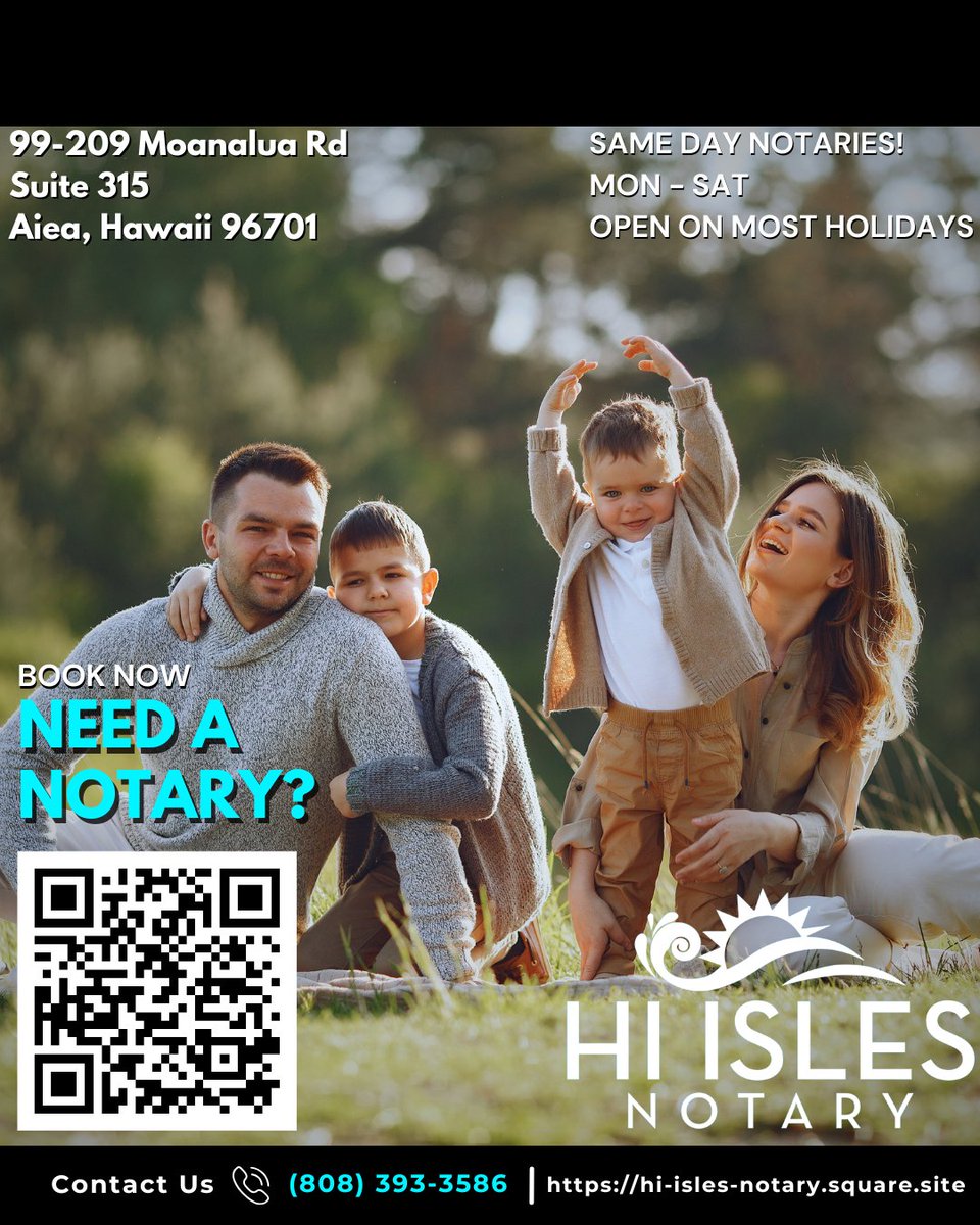 HiIsles's tweet photo. Need a notary fast in Aiea? We offer same-day in-office notary services at Aiea Commercial Center, available by appointment or call to check same-day availability. We are open Monday–Friday and Saturday (hours may differ), including most holidays. Need documents notarized today before closing? Call us and confirm availability, and please check our current business hours on Google before heading over.

We are on the 2nd floor in the same building as Sushi Spot. Use the stairs next to Sushi Spot, then find us in Suite 315 toward the back, above HI Pacific Property Management.

Have all documents ready before arrival and bring your own witnesses if required, as we do not provide witnesses.

Get directions or book here:
https://t.co/hVu8Vsmg2D
