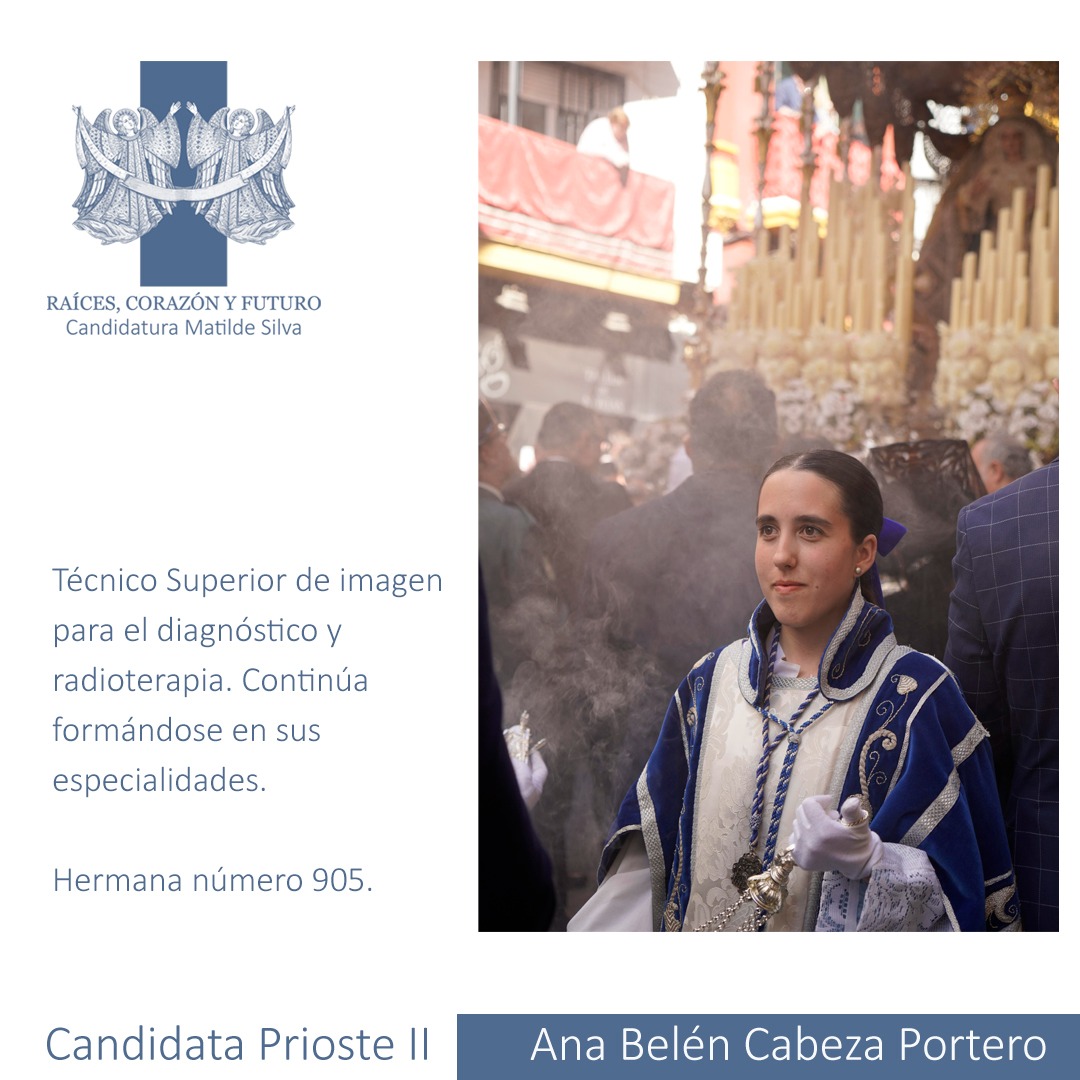 matildesilvarob's tweet photo. Ana Belén Cabeza Portero es nuestra candidata a Prioste II. Es nieta de Antonio Cabeza, prioste de la @Hdadlosnegritos en varias juntas de gobierno. Colabora en tareas de priostía. Ha sido nazarena de varita y cirio y acólita.
#raicescorazonyfuturo
#tdscofradias
#semanasanta https://t.co/Xh8dnCmKdY
