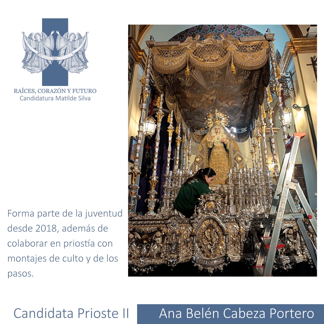 matildesilvarob's tweet photo. Ana Belén Cabeza Portero es nuestra candidata a Prioste II. Es nieta de Antonio Cabeza, prioste de la @Hdadlosnegritos en varias juntas de gobierno. Colabora en tareas de priostía. Ha sido nazarena de varita y cirio y acólita.
#raicescorazonyfuturo
#tdscofradias
#semanasanta https://t.co/Xh8dnCmKdY