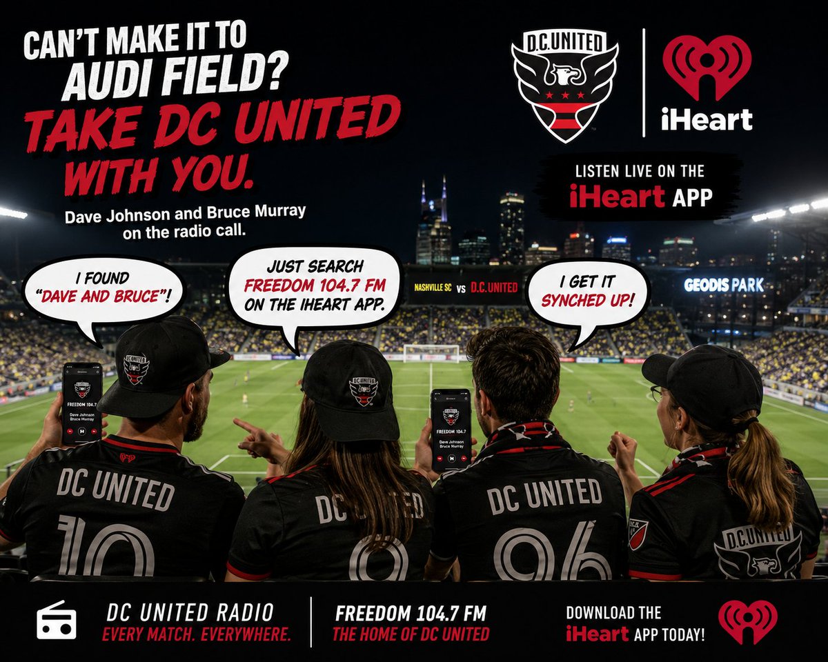 davejsports's tweet photo. We have MATCHDAY 13 @MLS At 7:15 @dcunited SEARCH Freedom 104.7 FM @iHeartRadio APP and after kick sync @AppleTV with @brucemurrayHOF YOUR TEAM YOUR ANNOUNCERS. @ScreamingEagles @LBDD17 @Barra_Brava @BuzzardPointSoc @NestDevil09 @unitednightout @Jose_M_Umana 
#ItsInTheNet #UnitedEveryday