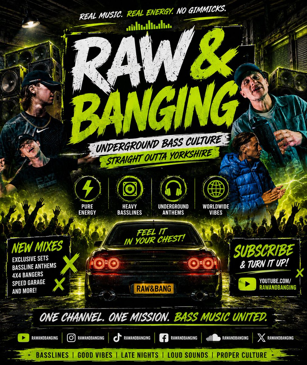 RawandBanging's tweet photo. RAW &amp; BANGING
Real music. Real energy. No gimmicks.
UK Bassline | 4x4 | UKG | Speed Garage
Heavy basslines, underground anthems, and Yorkshire energy straight through the speakers.
Subscribe now on YouTube.
#RawAndBanging #UKBassline #UKG #SpeedGarage #BassMusic https://t.co/XyTKsXnwh0