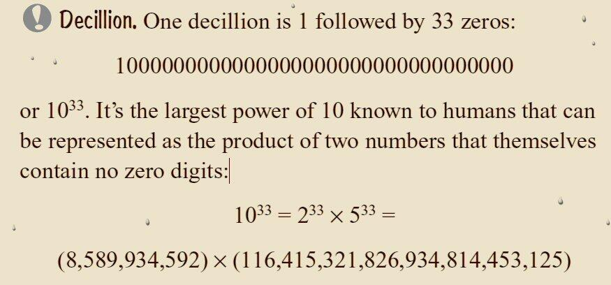 pickover's tweet photo. Mathematics.

1000000000000000000000000000000000 is the largest-known power of 10 that is the product of 2 numbers having no 0s. [Image from the book "A Passion for Mathematics."] https://t.co/c5ox2dr0mC