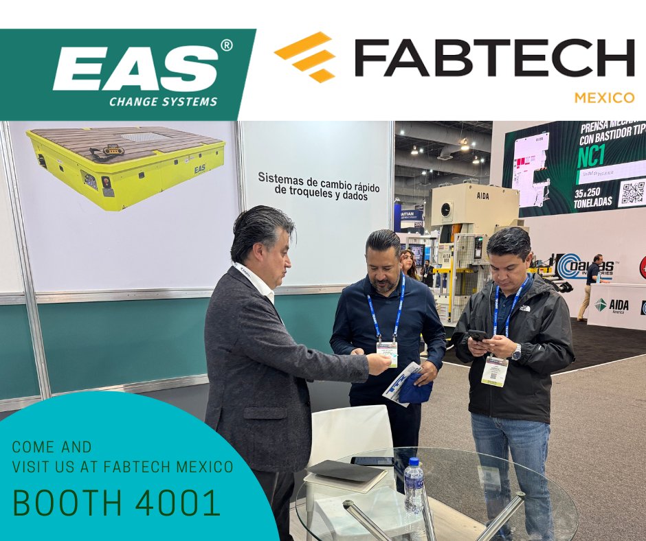 EAS_Europe's tweet photo. 🚨Welcome to Day 3 Fabtech Mexico 2026! 🚨

Come visit EAS at Booth 4001 to explore the latest innovative die change solutions.

🔗 Learn more: hhttps://easchangesystems.com/

#DieSolutions #InnovationInClamping #DieHandling #DieLifter #PreRoller #TradeShow https://t.co/hqL0UjvF8p