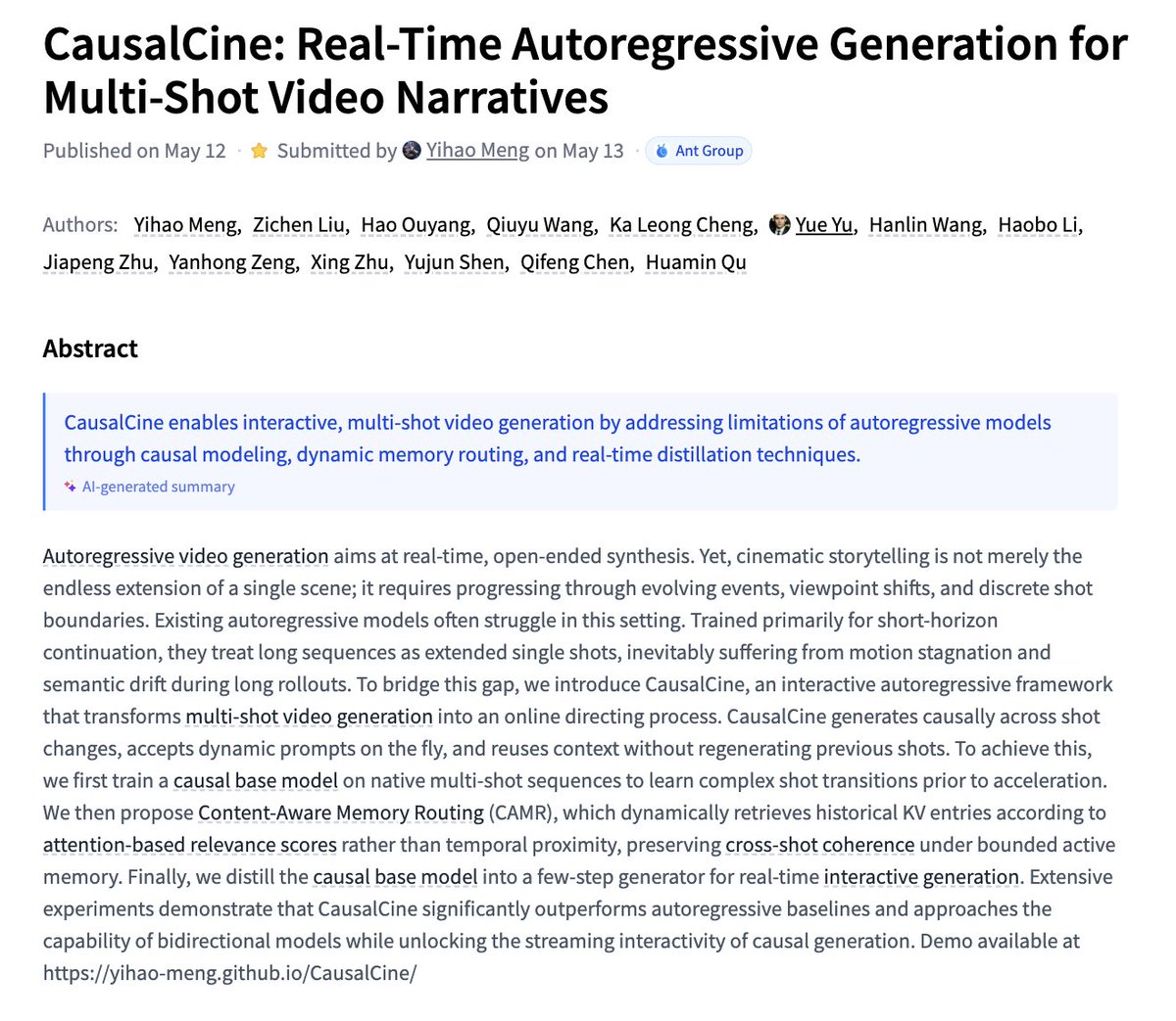 CausalCine

Real-Time Autoregressive Generation for Multi-Shot Video Narratives