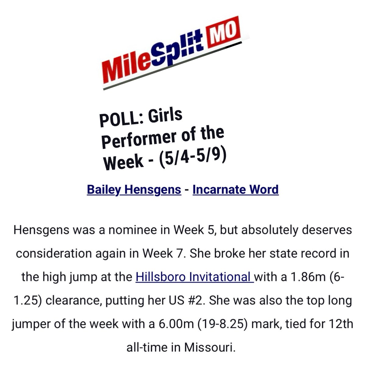 iwa_track's tweet photo. Bailey had such an impressive week that MOMilesplit decided to give her another shot at “Athlete of the Week”. Vote now!!(multiple voting is allowed) https://t.co/YVIceQyHbT https://t.co/XtAOZVk2kH