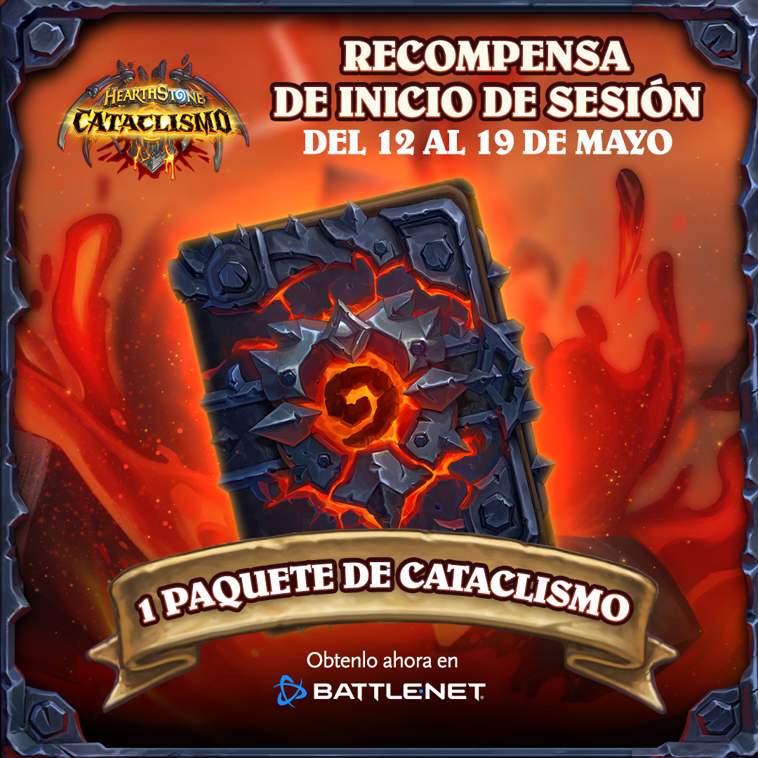 PlayHSLATAM's tweet photo. ¡Hay un paquete gratis esperándote! 👀

Inicia sesión entre el 12 y el 19 de mayo para obtener GRATIS tu paquete de Cataclismo. https://t.co/Wdf1Le0MKb