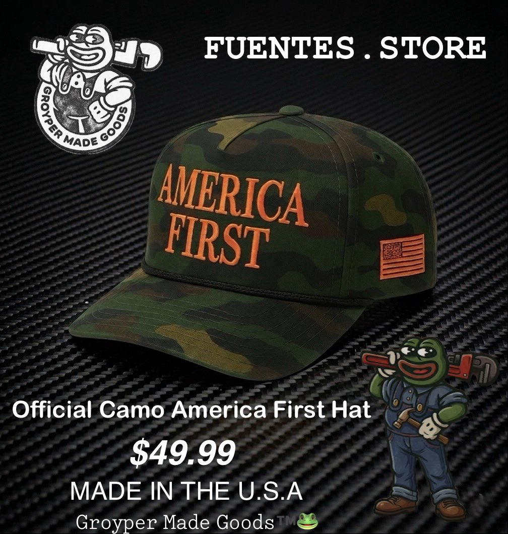 BuiltByGroyper's tweet photo. The Official Camo America First Hat. 

Quality you can feel, made right here in the U.S.A. Grab yours at the store today!🇺🇸

📍 Available exclusively at https://t.co/BzKzTRWYfa

              𝙶𝚛𝚘𝚢𝚙𝚎𝚛 𝙼𝚊𝚍𝚎 𝙶𝚘𝚘𝚍𝚜™️🐸🛠️ https://t.co/nNZ8MGgLye