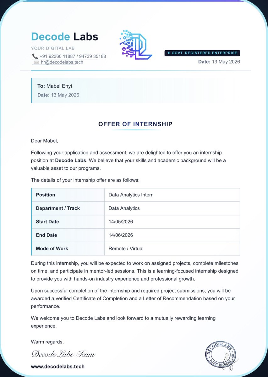 Mabel_Cheche's tweet photo. I'm thrilled to announce that I have received two Data analyst intern offers. It might look small but it means a lot to me. A big thank you to the teams @DecodeLab and @codveda for this opportunity. @ezekiel_aleke and @TechSphereAcad thank you for the journey 

#dataanalytics https://t.co/ua1tlpJATA