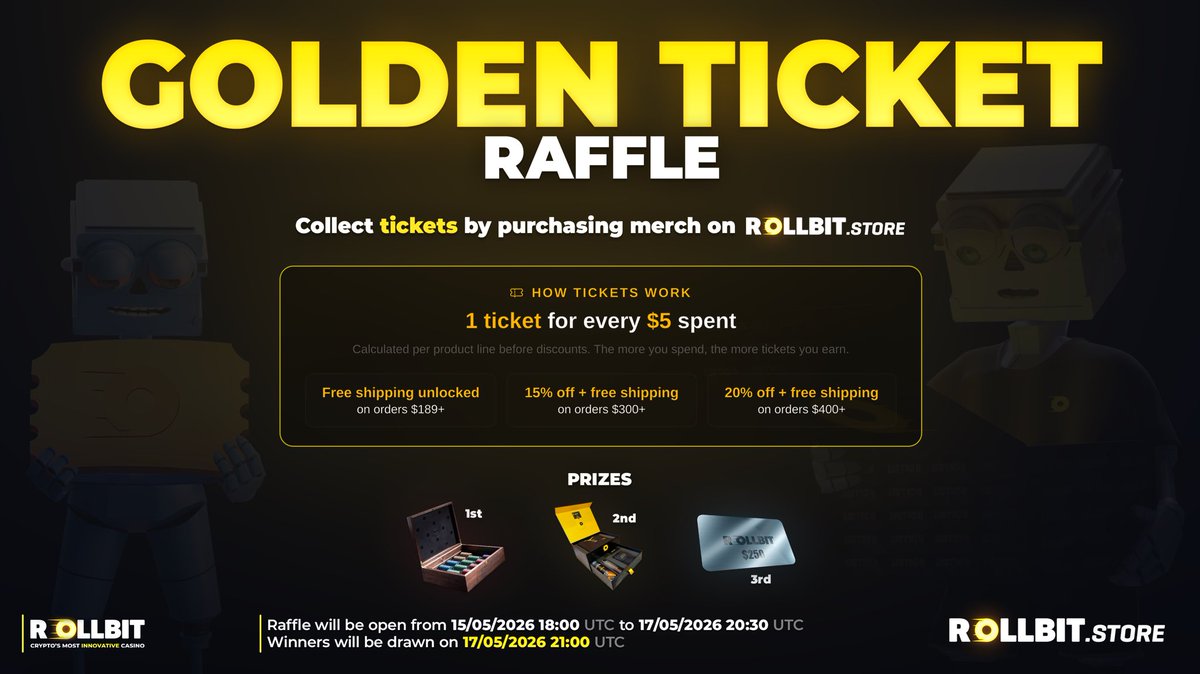 rollbit's tweet photo. It’s time to buy that merch you’ve been thinking about.

For this weekend only - every purchase on https://t.co/NAKEinXHdC will earn tickets towards the Golden Ticket Raffle!

Free shipping, three amazing prizes and up to 20% off. Stay tuned for more details! https://t.co/HJbPBkDjoO