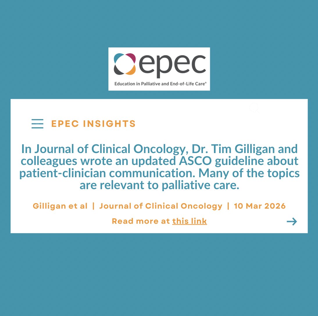 EPEC_Palliative's tweet photo. In Journal of Clinical Oncology, Dr. Tim Gilligan and colleagues wrote an updated ASCO guideline about patient-clinician communication. Many of the topics are relevant to palliative care.

https://t.co/6xGqfQAXKL https://t.co/Yh62IDnLQ7