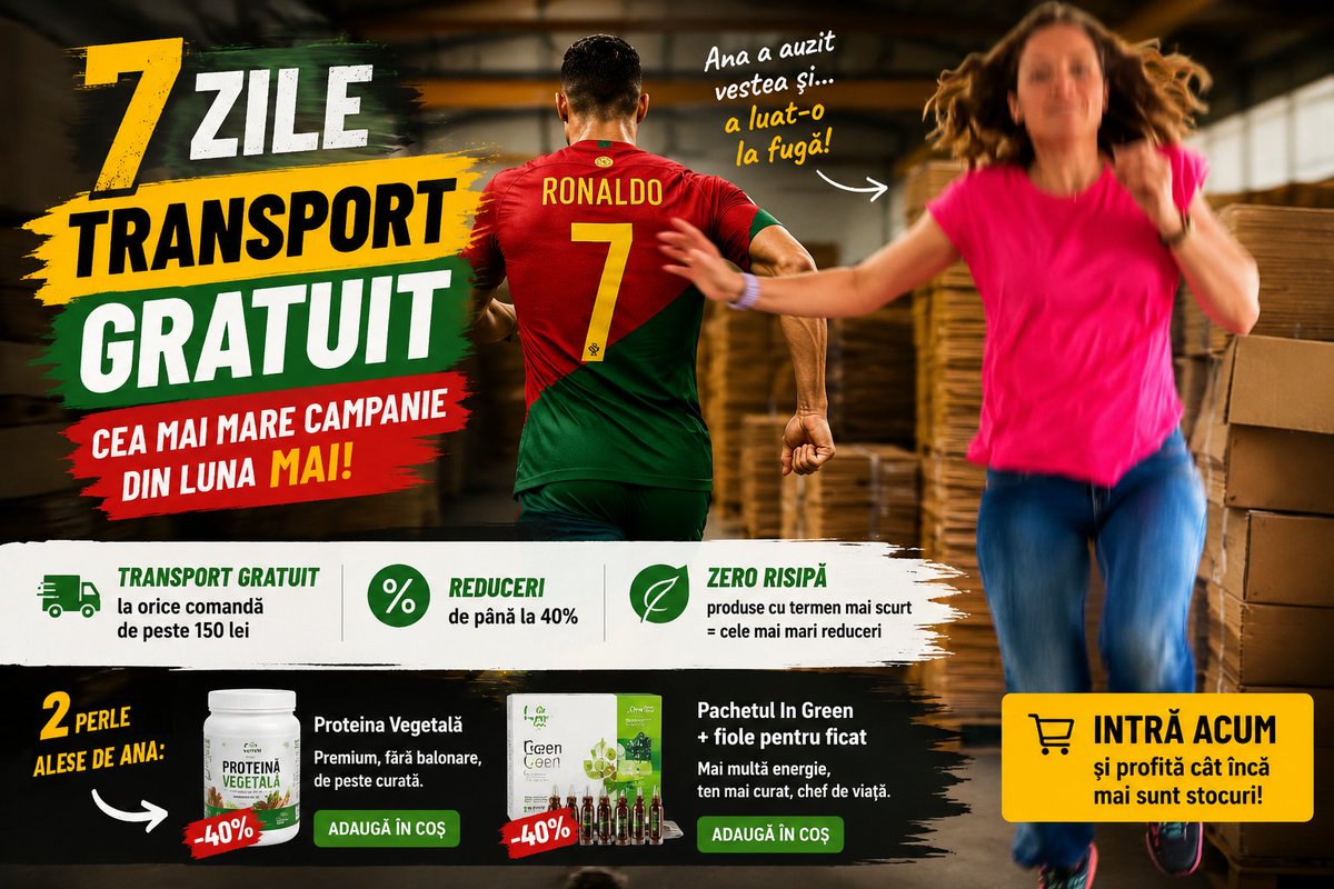 ValentinD's tweet photo. ⚽ Ronaldo are 7 pe tricou.
VVV are 7 ZILE de TRANSPORT GRATUIT. https://t.co/QRW71GCfgd  🔥
Ana a auzit vestea și a început să alerge prin depozit printre cutii 😂
✅ Transport Gratuit peste 150 lei
✅ Reduceri până la -40%
✅ Stocuri limitate
⏳ Intră și profită de oferte! 💚 https://t.co/N6BM0zdkif