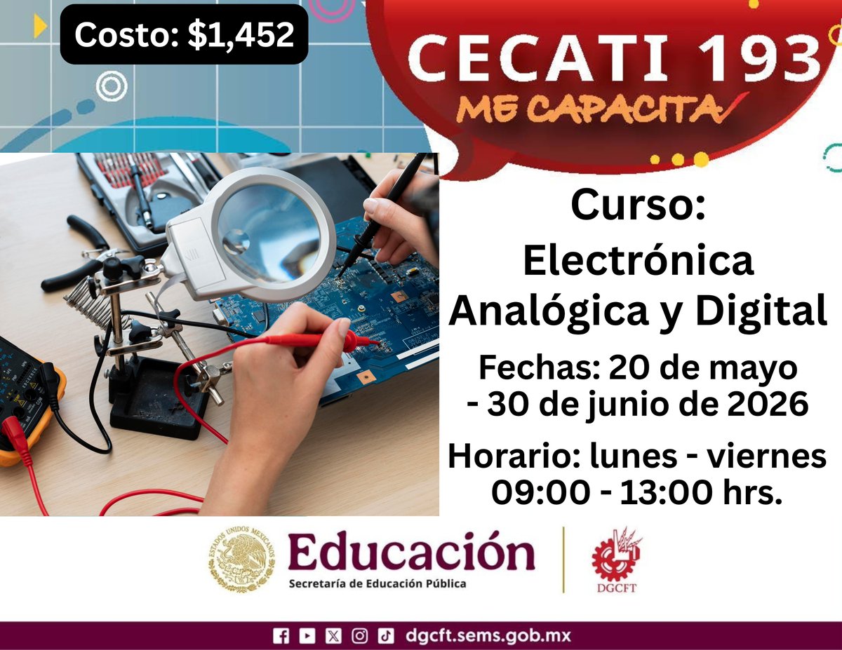 cecati193's tweet photo. CECATI 193 te invita a capacitarte en la especialidad de Electrónica.
Acude al plantel y realiza tu inscripción.
Para mayores informes comunícate a los teléfonos:
(867) 717 0848, 717 2417
Horarios de atención de lunes a viernes de 08:00 a 20:00 hrs. https://t.co/cAB8OWs5wN