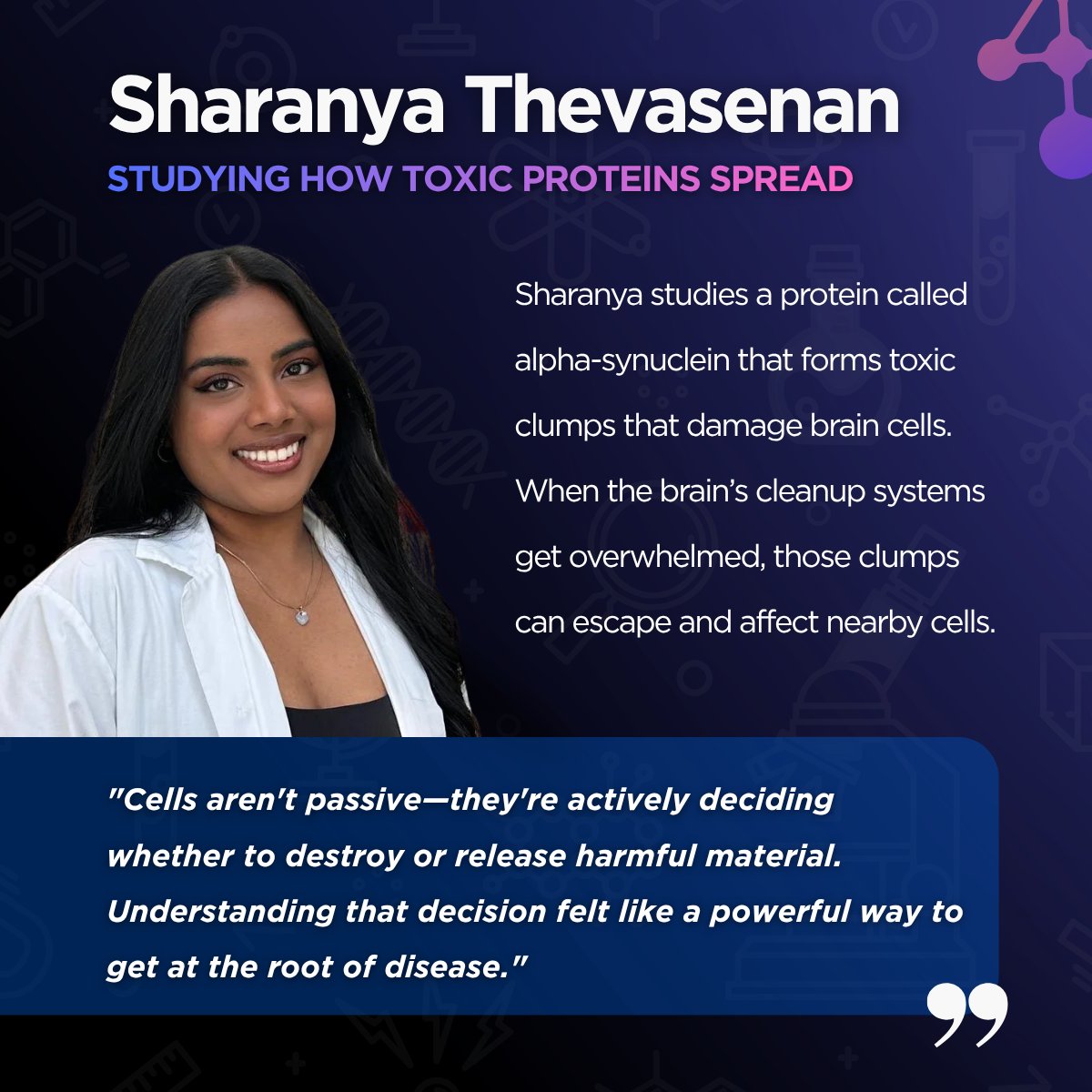 HotchkissBrain's tweet photo. Your brain runs a constant cleanup operation 🧹When it fails, toxic proteins accumulate &amp; spread, linking it to neurogenerative diseases.

Trainees Gerardo &amp; Sharanya in @RyanLab_UofC  are studying how these molecular changes begin. Read their full Q&amp;A's: https://t.co/hBlAYXwqse https://t.co/W4MiGbXjq4