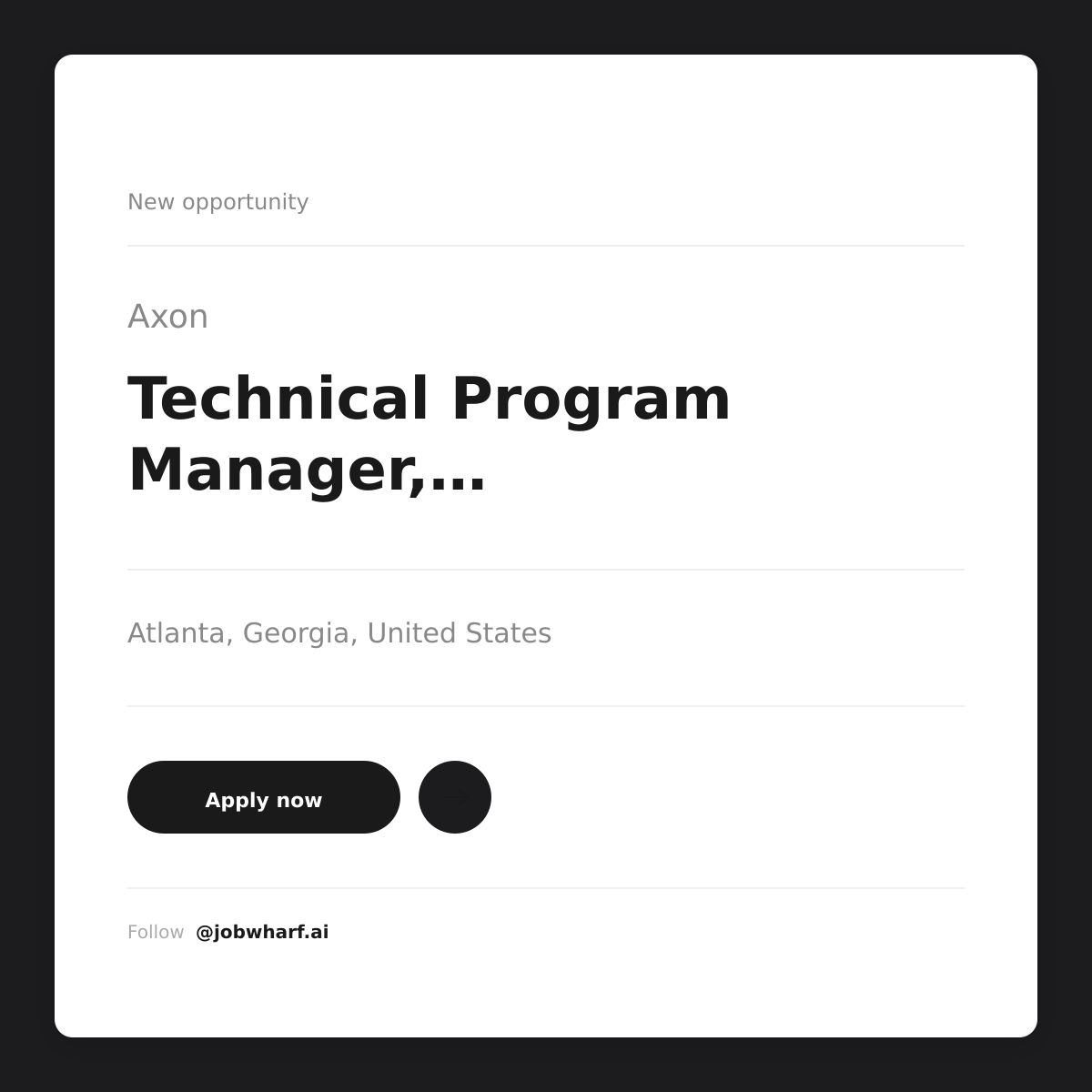 jobwharf's tweet photo. 🚨 New Job Alert
Technical Program Manager, Software Deployments – Axon
Apply now ➜ https://t.co/ubqV3itTzA
📍 Atlanta, Georgia, United States
💰 Salary negotiable

#technicalprogram #axonjobs #hiring #jobsearch #techjobs https://t.co/qVbKBTAfiy