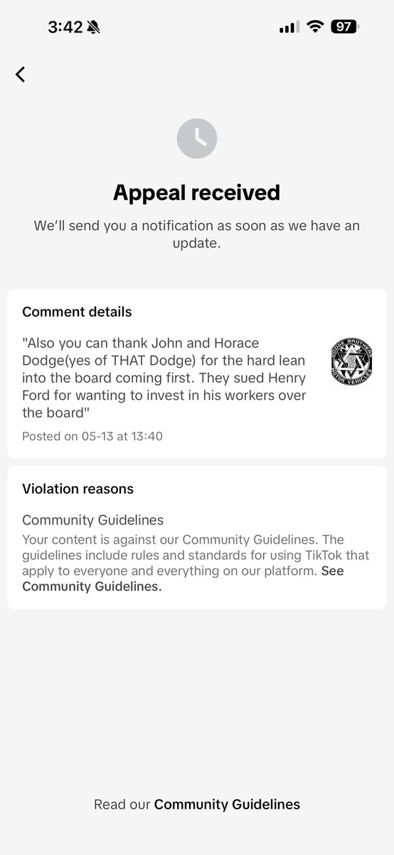 Bogsavvnasty's tweet photo. So apparently Tik tok isn’t a fan of stating  that the Dodge Brothers sued Henry Ford for wanting to invest more into his employees instead of the board of directors. https://t.co/PlnWSFhYGC