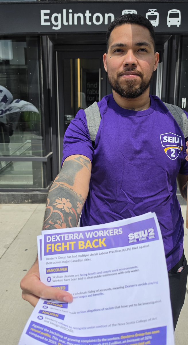 seiulocal2can's tweet photo. Toronto! We showed up at Yonge &amp; Eglinton Station to take a unified stance against Dexterra with our fellow unionized workers across 4 major cities! ✊🏾🧹💜 @J4JL2 1/3 https://t.co/gSVDdHxaGQ