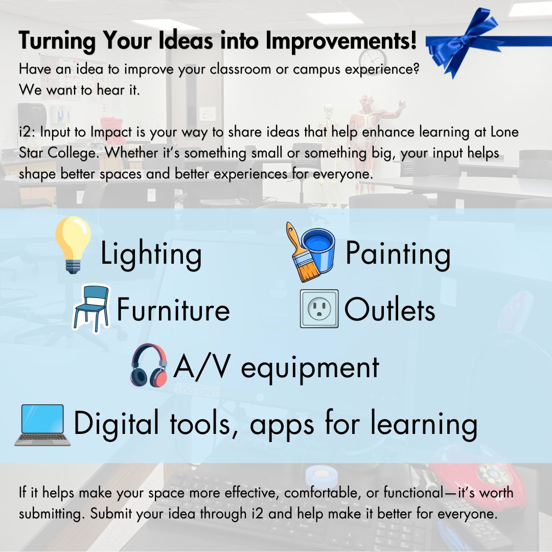 LSCots's tweet photo. Wrapping up finals? 💙⭐ Help us improve the classroom experience at Lone Star College!

Submit an i2 Request by scanning the QR code in your classroom or visiting https://t.co/r4f8NI0mDD.

Your feedback helps shape better learning environments for future students! #LSCOTS https://t.co/NptYCpRuHf