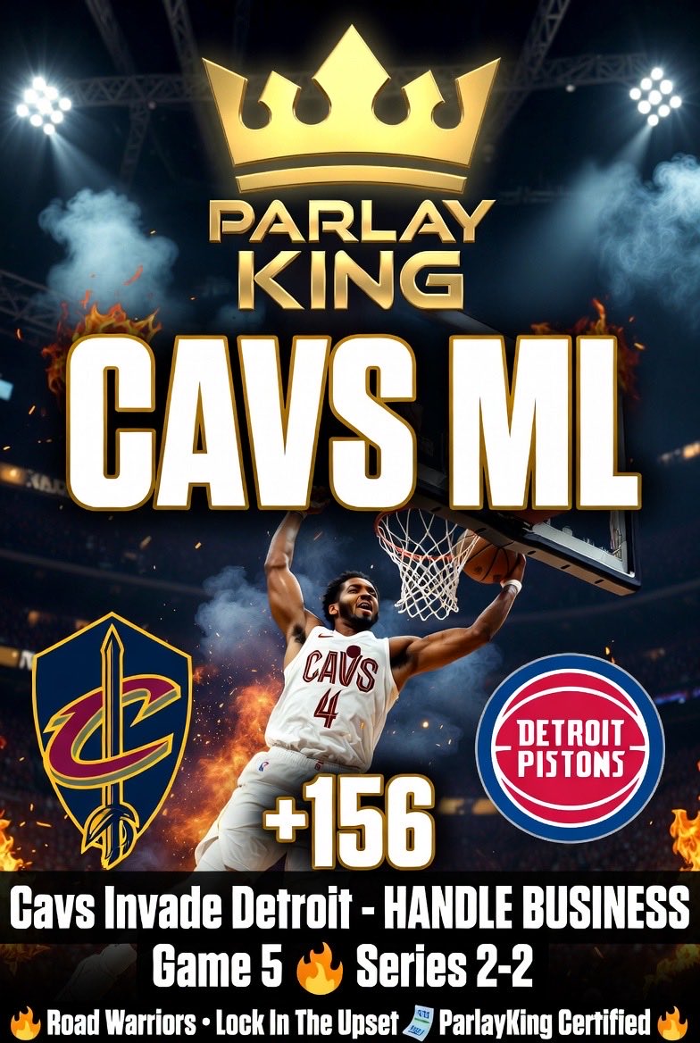 UFCparlayKing's tweet photo. 🚨 CAVS INVADE DETROIT — GAME 5 🔥
Series 2-2 | CAVS ML +156
Road Warriors locked &amp; loaded.
Detroit better tighten up or get sent home.
ParlayKing Certified ✅ 
#Cavs #GoCavs #NBAPlayoffs #CavsNation #RoadWarriors #ParlayKing #SportsBetting #NBA #HandleBusiness #DetroitPistons https://t.co/ayTrYBhjOd