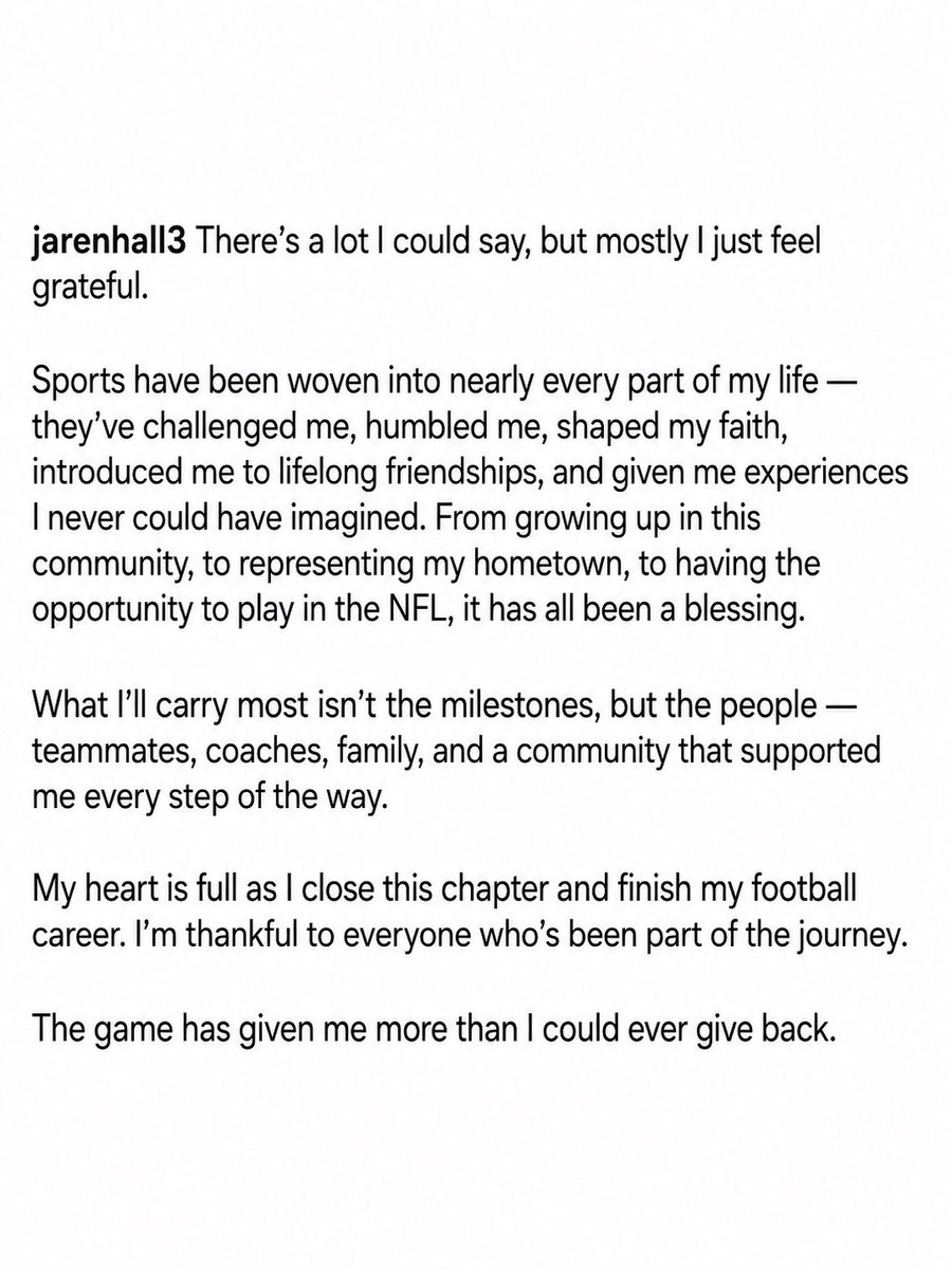 VikingNations's tweet photo. Former Vikings QB Jaren Hall has officially announced his retirement from football. 💜

“Sports have been woven into nearly every part of my life…”

A journey filled with faith, hard work, and making it all the way to the NFL. Respect to Jaren Hall for chasing the dream and representing Minnesota with class.

Wishing him nothing but success in the next chapter. 🙏 #SKOL