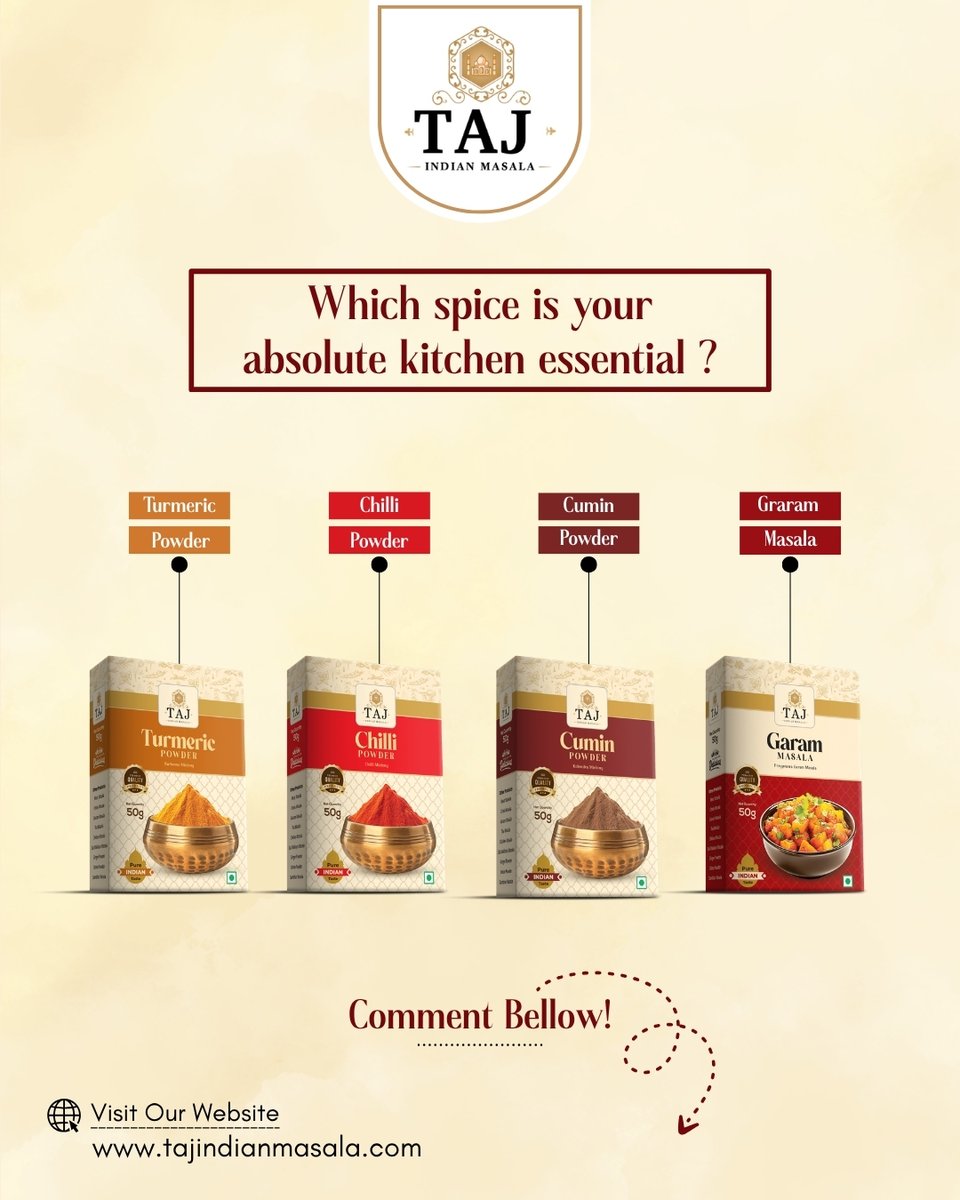 tajindiangroup1's tweet photo. Spice Up Every Recipe ✨
Which spice rules your kitchen daily? Comment your favorite flavor and cooking essential below today.🍛
#KitchenSpice #EssentialSpices #MasalaMagic  #tajmasala #masalabox #garammasala #chillipowder #homemade food #turmericpower #SpiceLovers #DeliciousEveryday