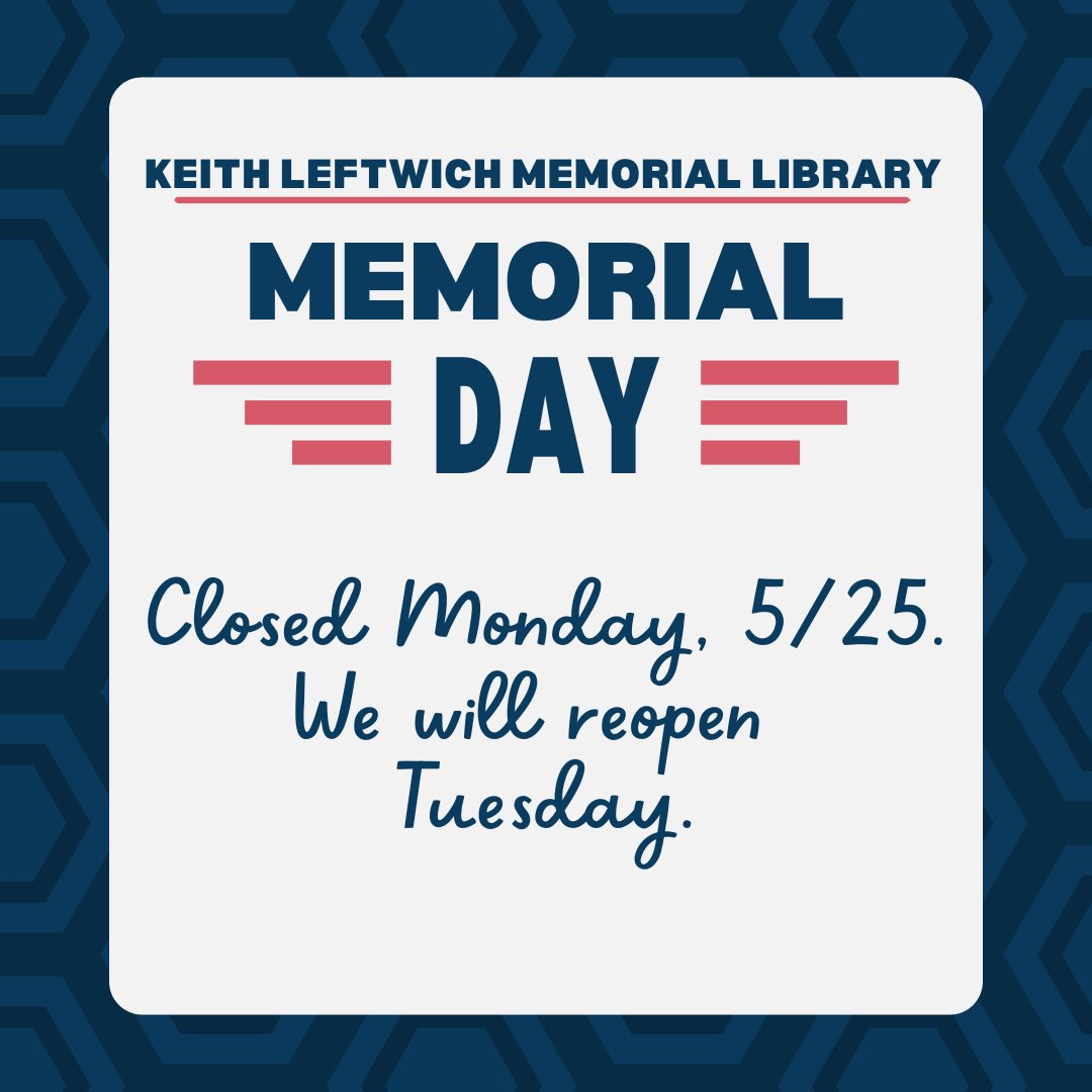 occclibrary's tweet photo. The OCCC Library will be closed Monday, May 25th. We will reopen Tuesday. https://t.co/9ZNHJvmFDt
