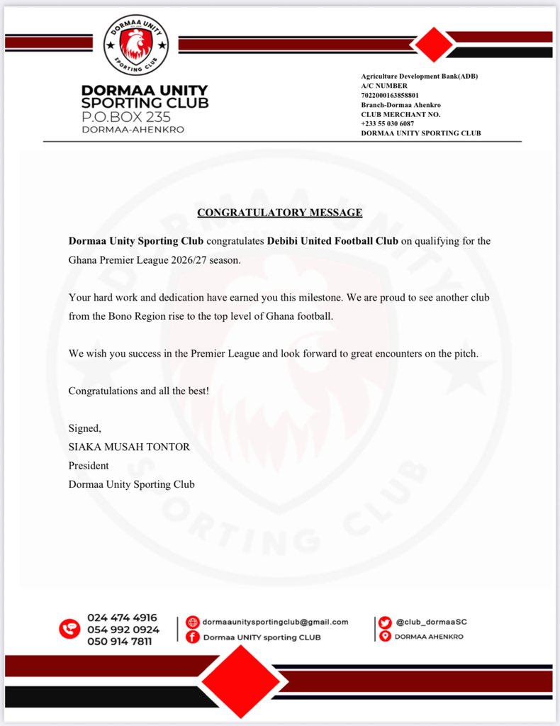 Dormaa_UnitySC's tweet photo. Congratulations to Debibi United on your qualification to the Ghana Premier League. A well-deserved achievement through hard work and consistency. Wishing you the very best at the next level. Keep the seat warm we’ll be there soon. @ShabanMo9 https://t.co/14AfCDZ8qn