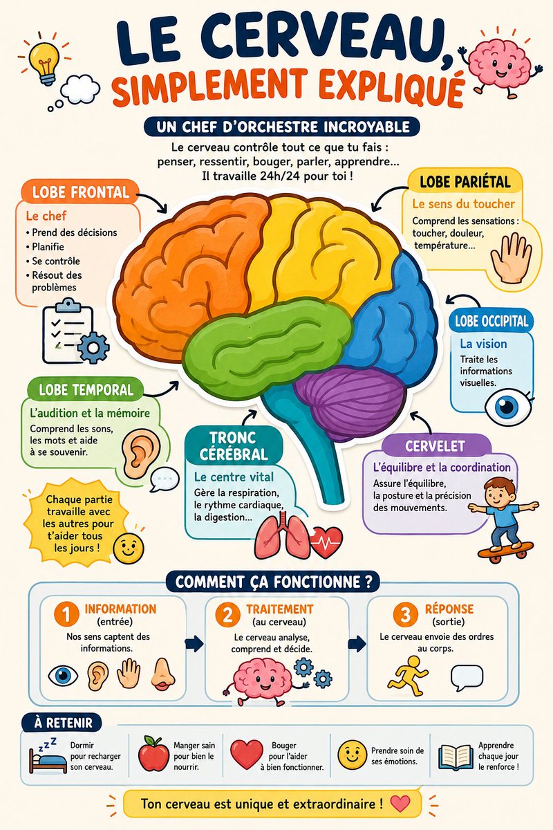 ChristelDemey's tweet photo. 🧠 LE CERVEAU, SIMPLEMENT EXPLIQUÉ
Notre cerveau travaille sans arrêt : penser, ressentir, parler, bouger, apprendre, mémoriser…
👂 le lobe temporal participe au langage et à la mémoire 👀 le lobe occipital traite la vision ✋ le lobe pariétal gère les sensations ⚖️ 
#Cerveau https://t.co/J2iNvctjXr