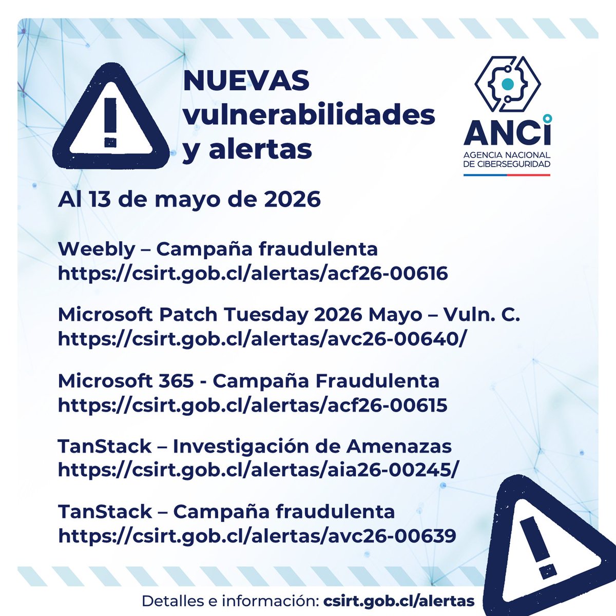 ANCIChile's tweet photo. ⚠️ Estas son las más recientes alertas de fraude y vulnerabilidades publicadas por la Agencia Nacional de Ciberseguridad (#ANCI).

📍 Recuerden revisar periódicamente nuestras alertas en: https://t.co/oldfQUd8tA https://t.co/l5oPQ9xXY3